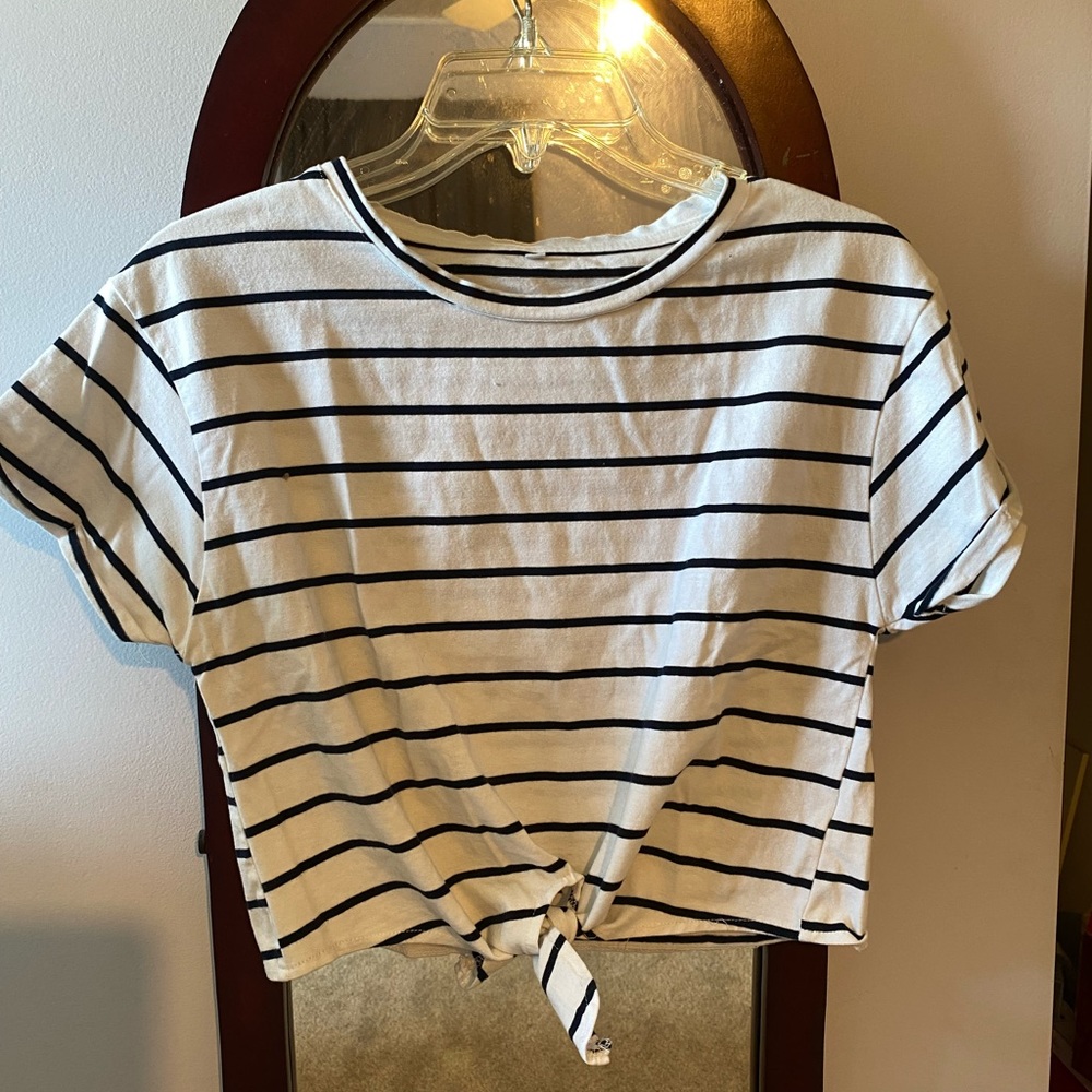 Black and white striped tie front crop top